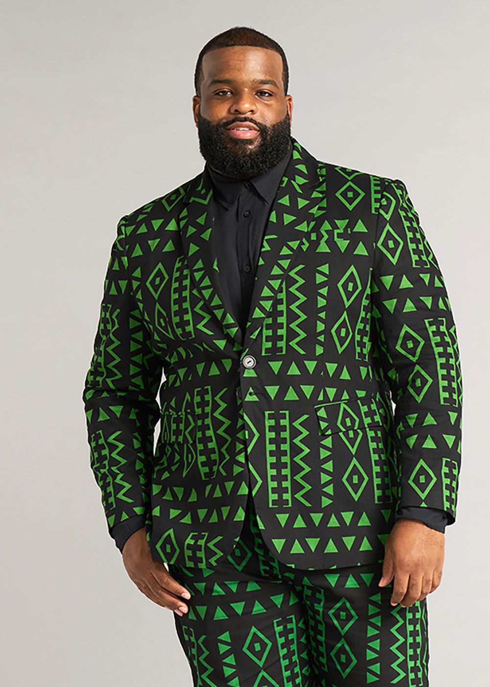 Hami Men's African Print Lightweight Blazer (Moss Black Geometric) Green - D'IYANU
