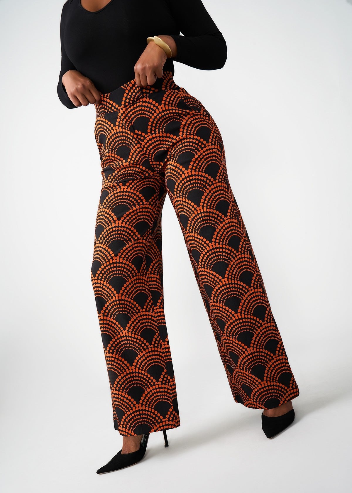 Thema Women's African Print Stretch Wide Leg Pants (Black Amber Dots) - D'IYANU