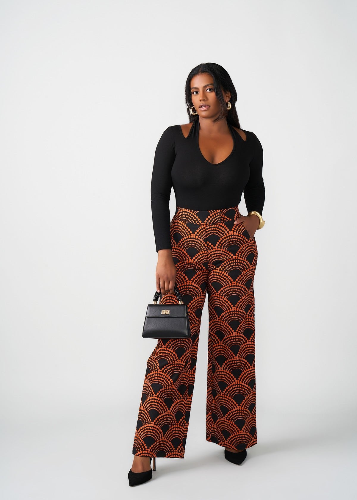 Thema Women's African Print Stretch Wide Leg Pants (Black Amber Dots) - D'IYANU