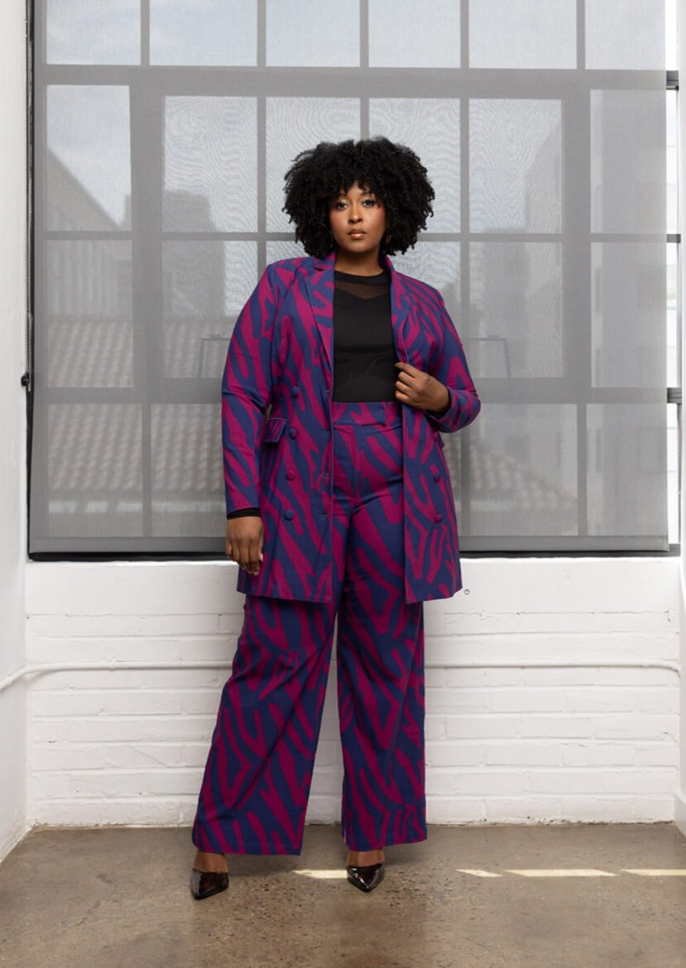 Thema Women's African Print Wide Leg Stretch Pants (Berry Zebra Abstract) - D'IYANU