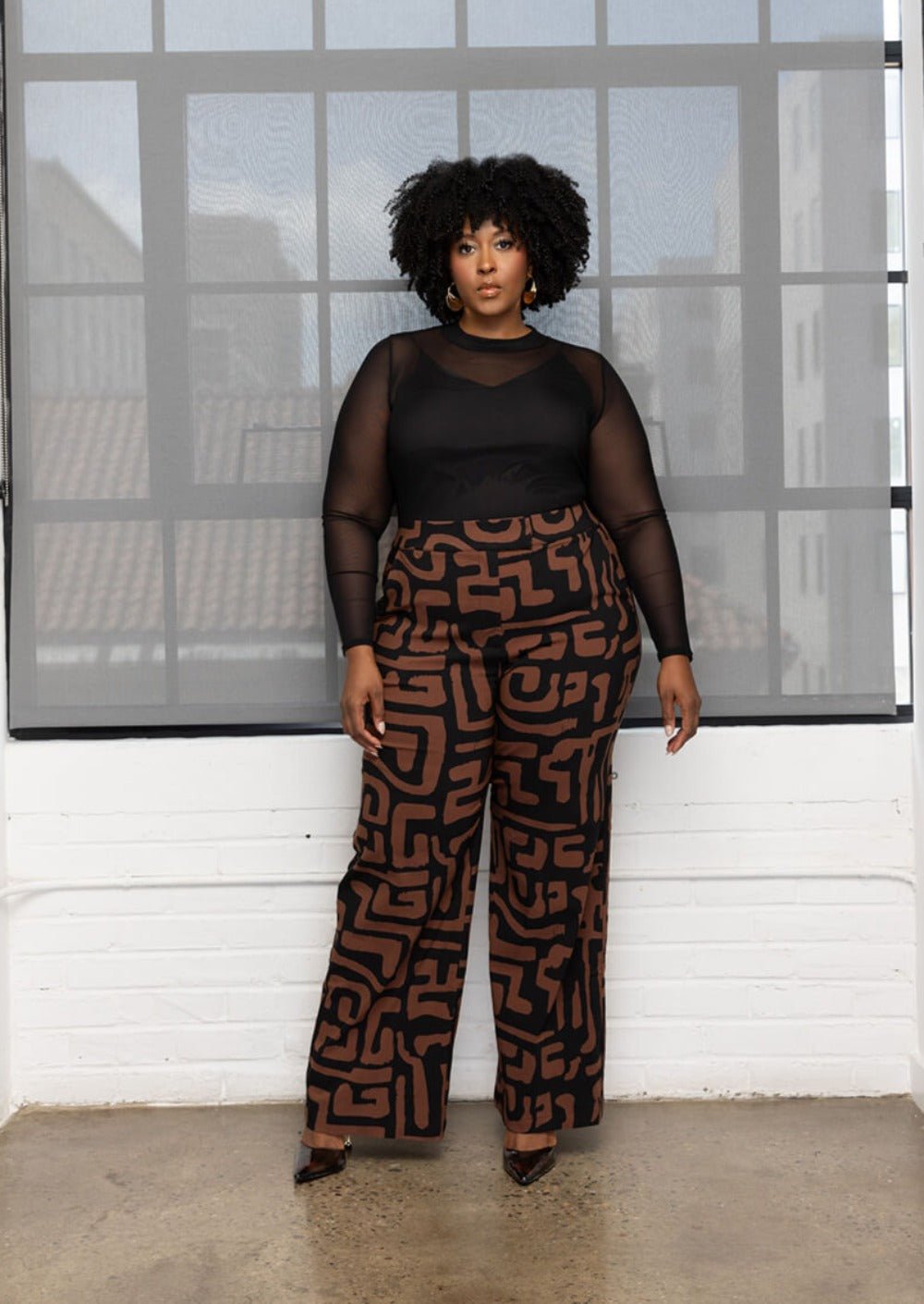Thema Women's African Print Wide Leg Stretch Pants (Espresso Geometric) Brown - D'IYANU