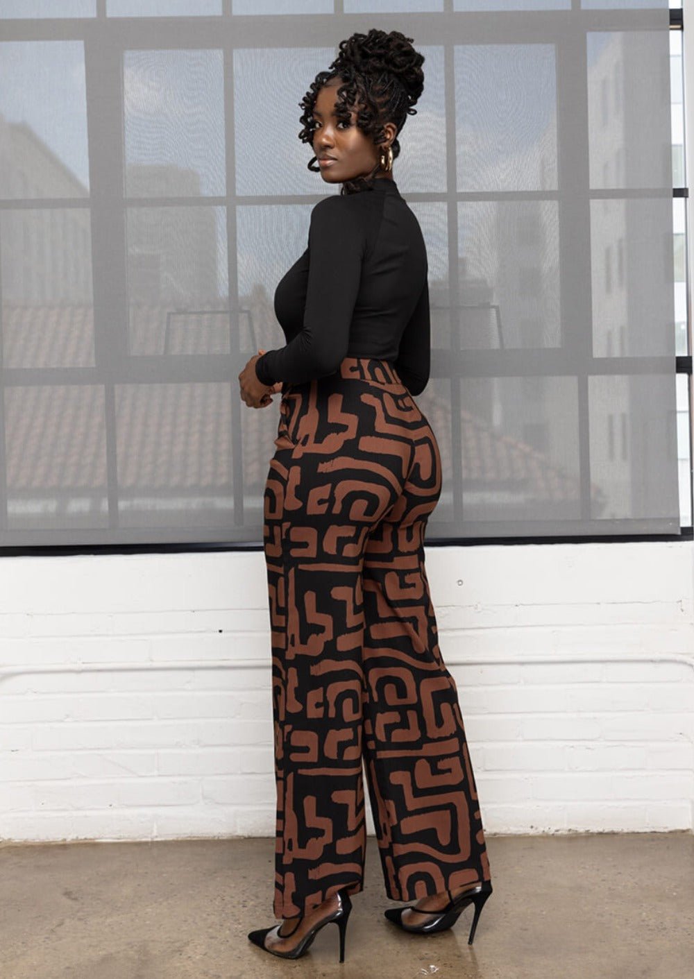 Thema Women's African Print Wide Leg Stretch Pants (Espresso Geometric) - D'IYANU