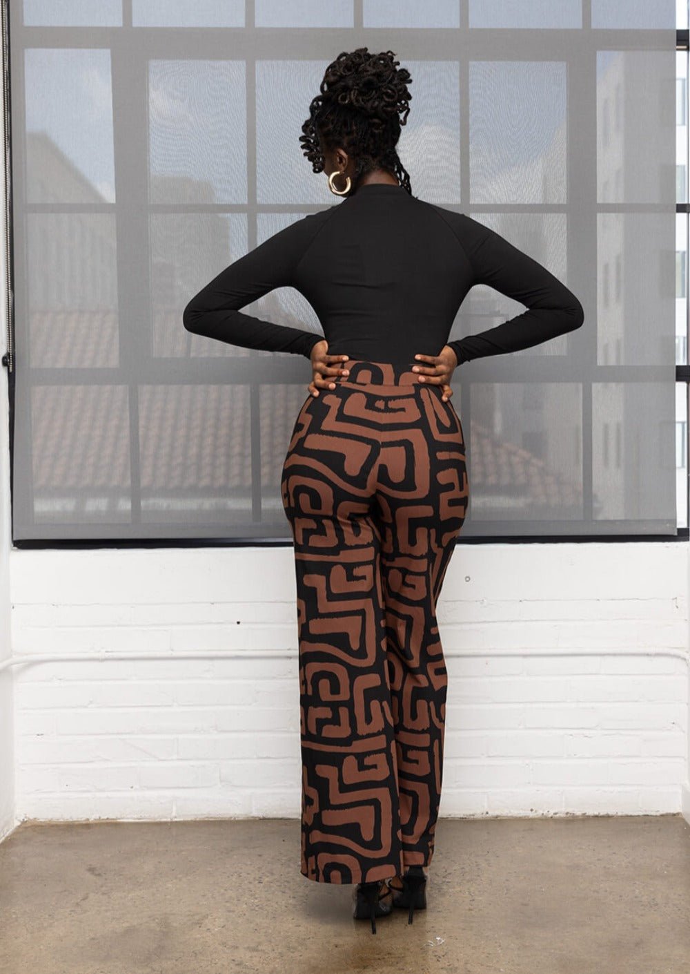 Thema Women's African Print Wide Leg Stretch Pants (Espresso Geometric) - D'IYANU