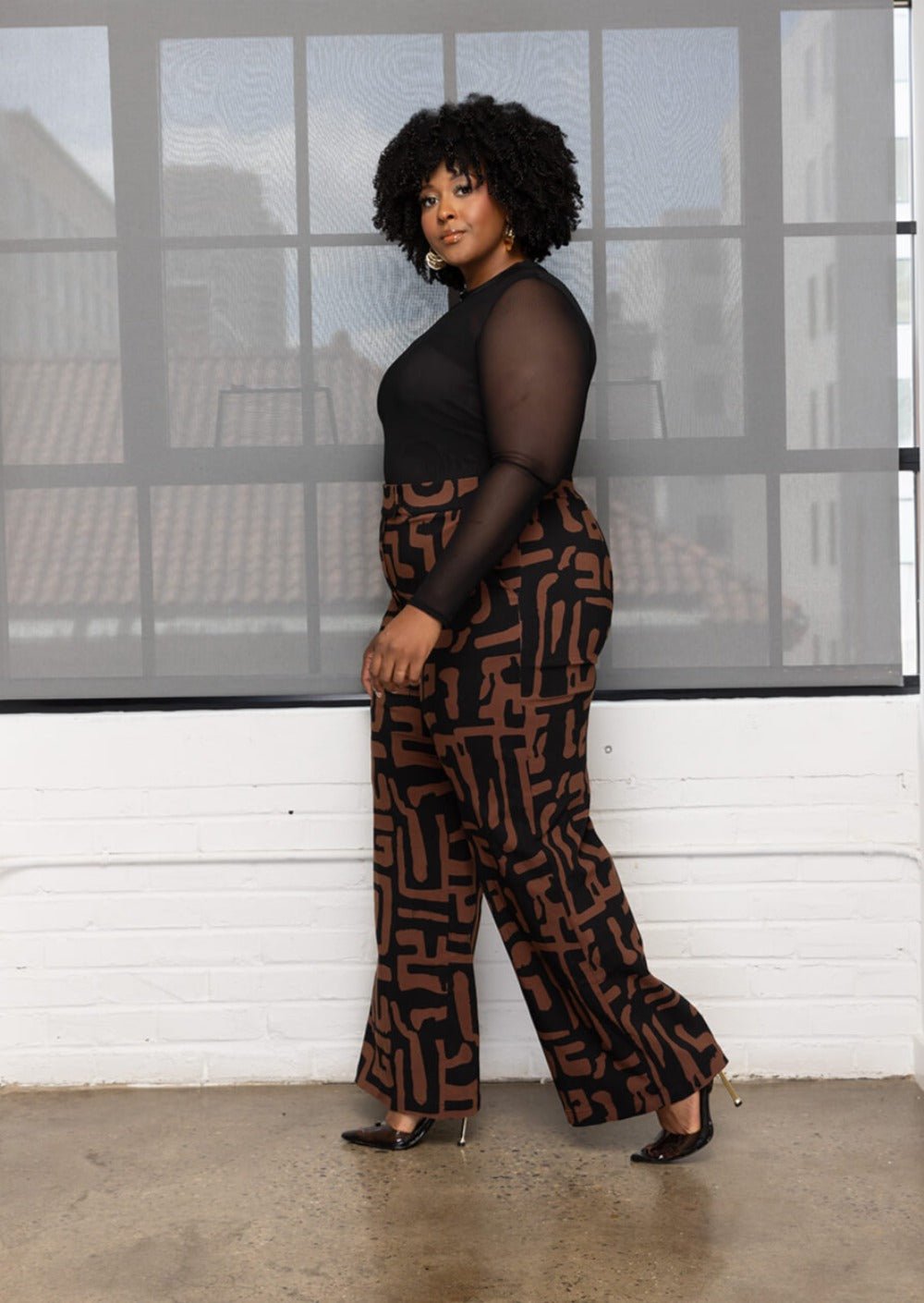 Thema Women's African Print Wide Leg Stretch Pants (Espresso Geometric) - D'IYANU