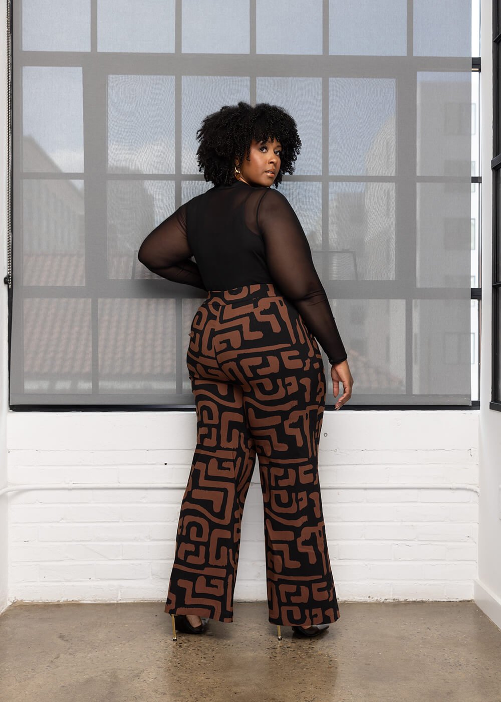 Thema Women's African Print Wide Leg Stretch Pants (Espresso Geometric) - D'IYANU