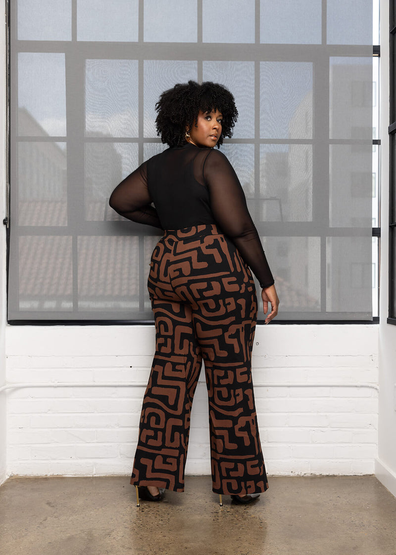 Thema Women's African Print Wide Leg Stretch Pants (Espresso Geometric)
