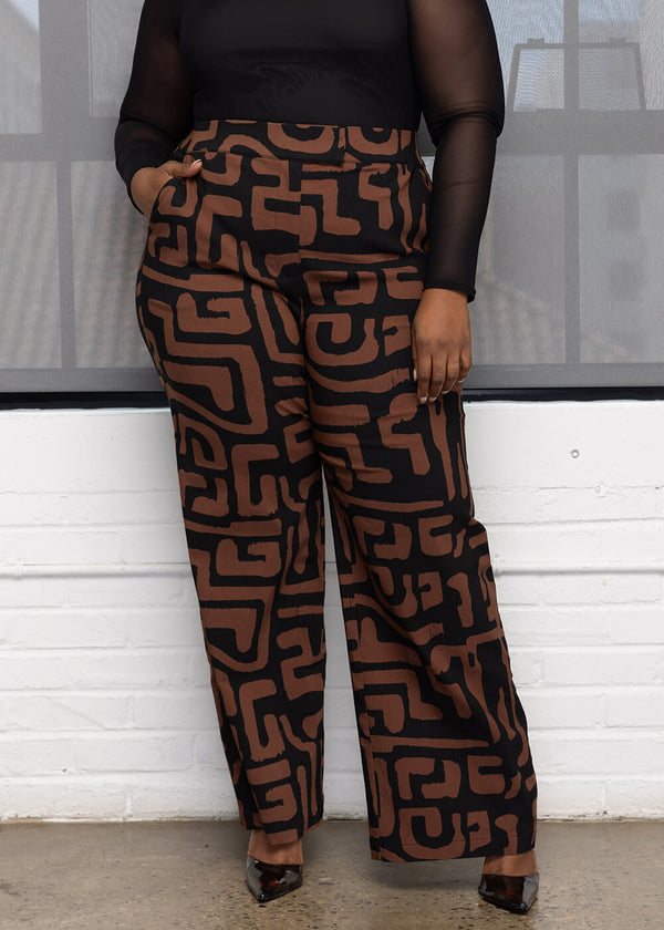 Thema Women's African Print Wide Leg Stretch Pants (Espresso Geometric)