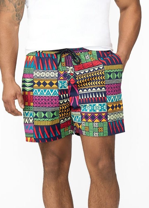 Tiziri Men's African Print Shorts (Green Navy Kente) - Clearance - D'IYANU