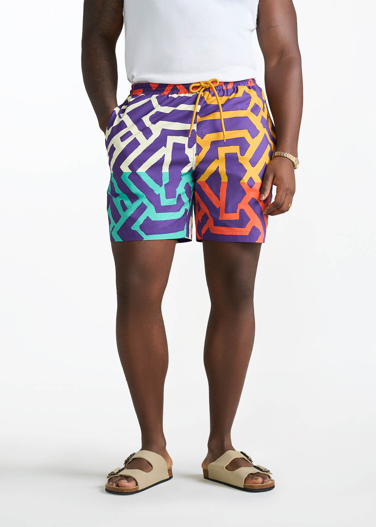 Tiziri Men's African Print Shorts (Purple Multicolor Tribal) - D'IYANU