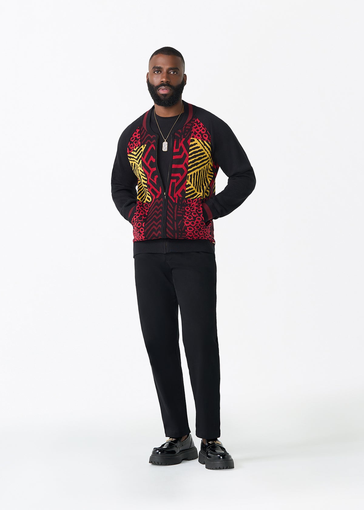 Togo Men's African Print Zip-Up Sweater (Black Cherry Multipattern) - D'IYANU