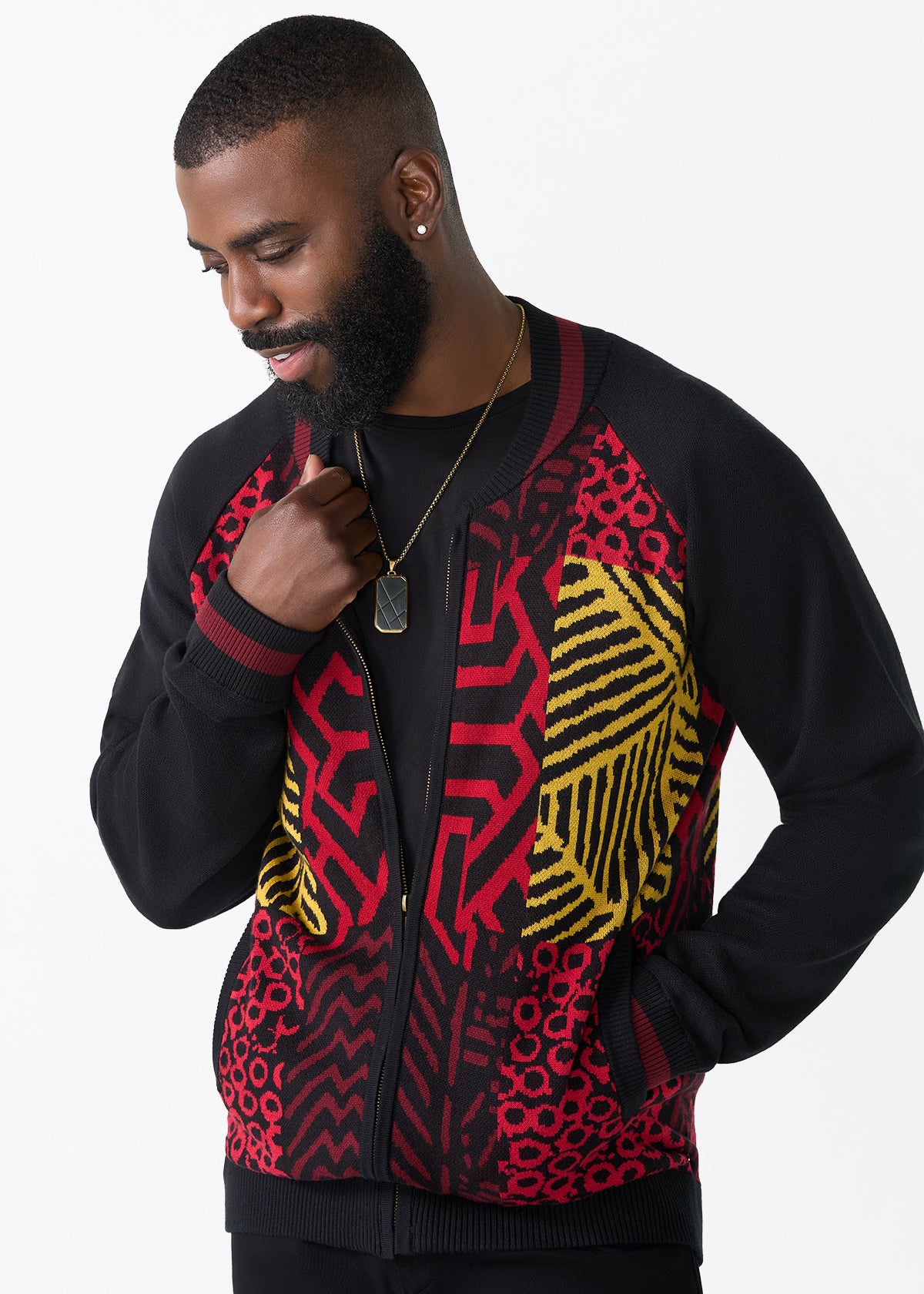 Togo Men's African Print Zip-Up Sweater (Black Cherry Multipattern) - D'IYANU