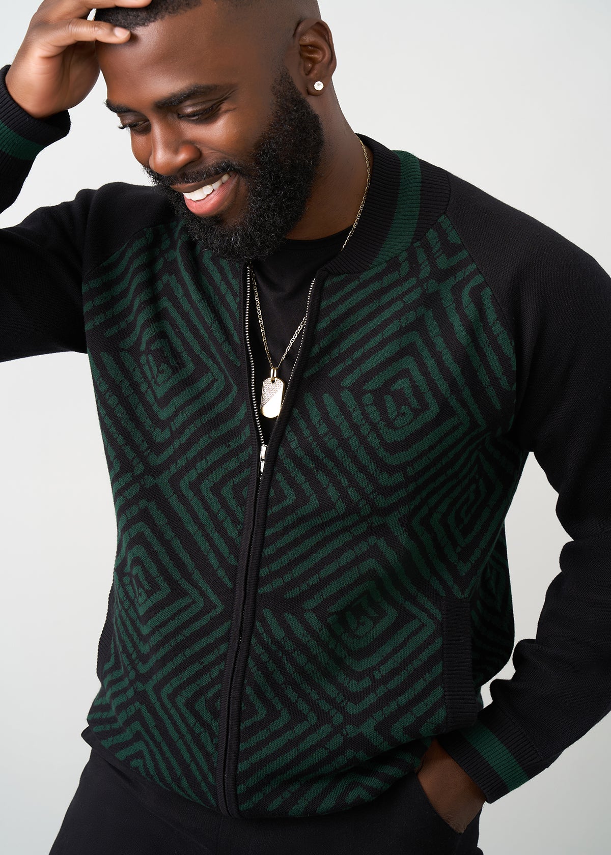 Togo Men's African Print Zip-Up Sweater (Malachite Diamond Adire) - D'IYANU