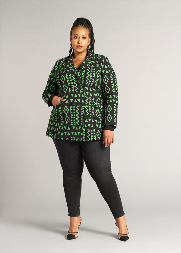 Uyai Women's African Print Stretch Blazer (Moss Black Geometric)