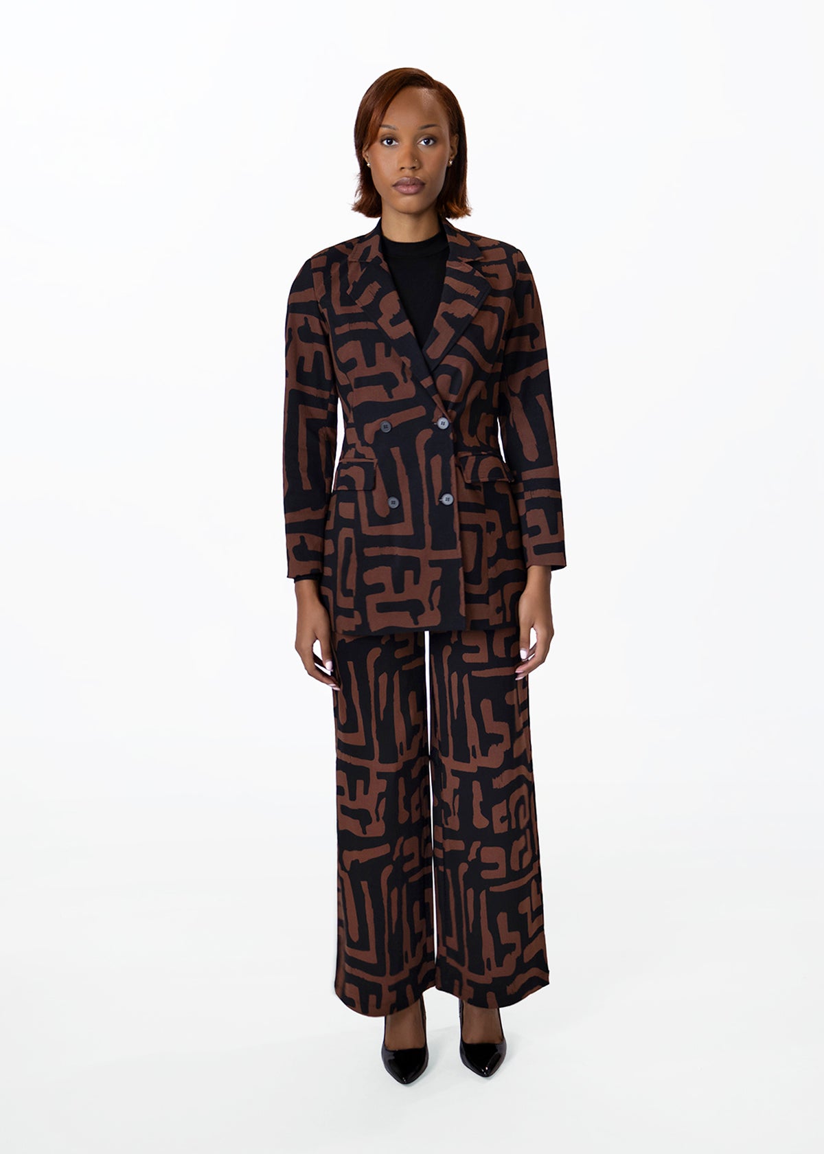 Thema Women's African Print Wide Leg Stretch Pants (Espresso Geometric) - D'IYANU