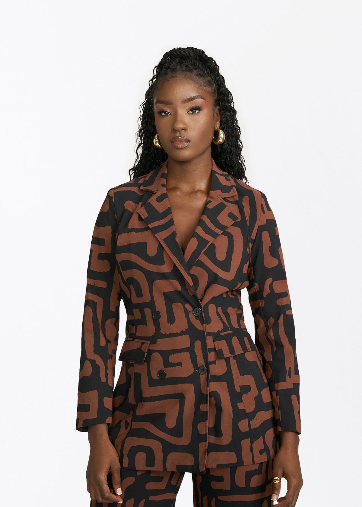 Uyai Womens African Print Blazer (Espresso Geometric) - D'IYANU