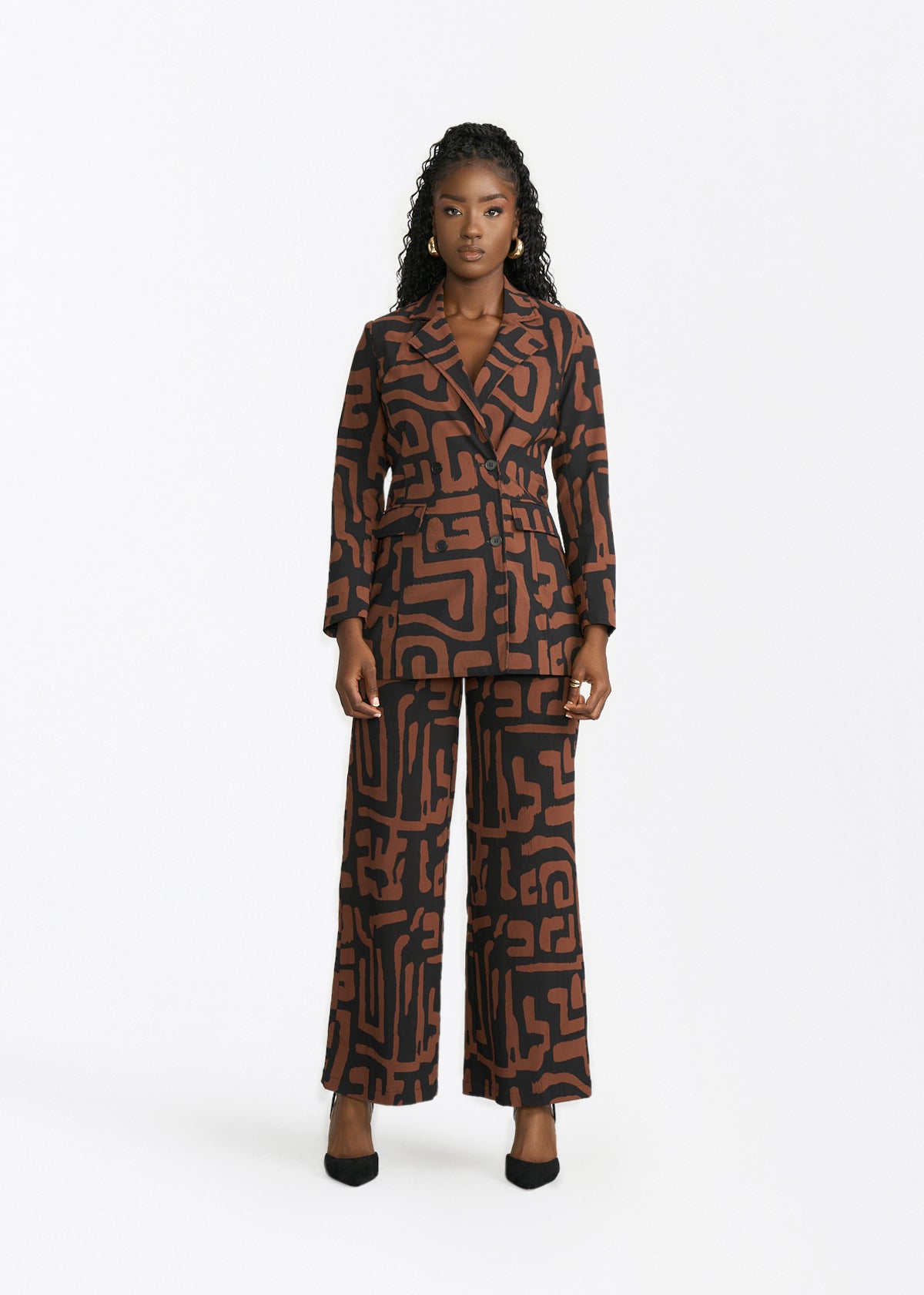 Uyai Womens African Print Blazer (Espresso Geometric) - D'IYANU