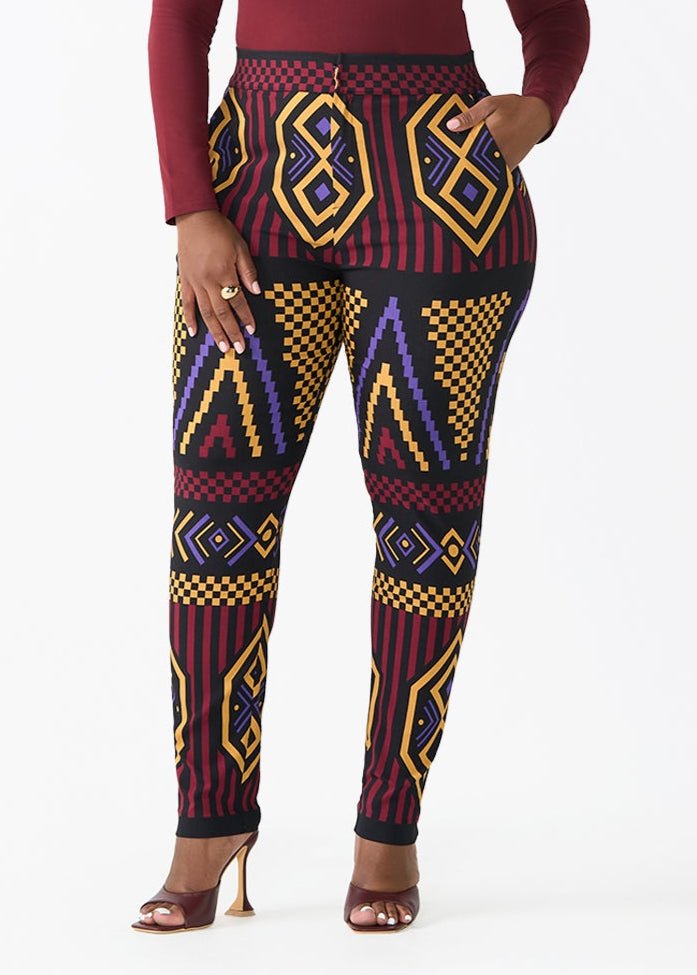 Talia Women's African Print Stretch Pants (Black Burgundy Tribal)