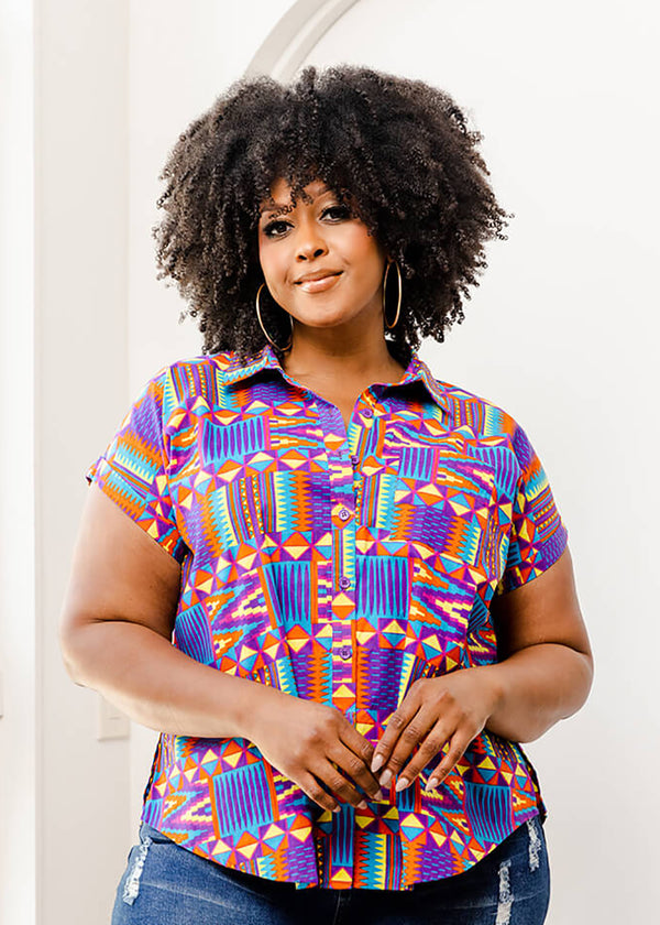 Tahiya Women's African Print Button-Down Shirt (Rainbow Kente)-Clearance