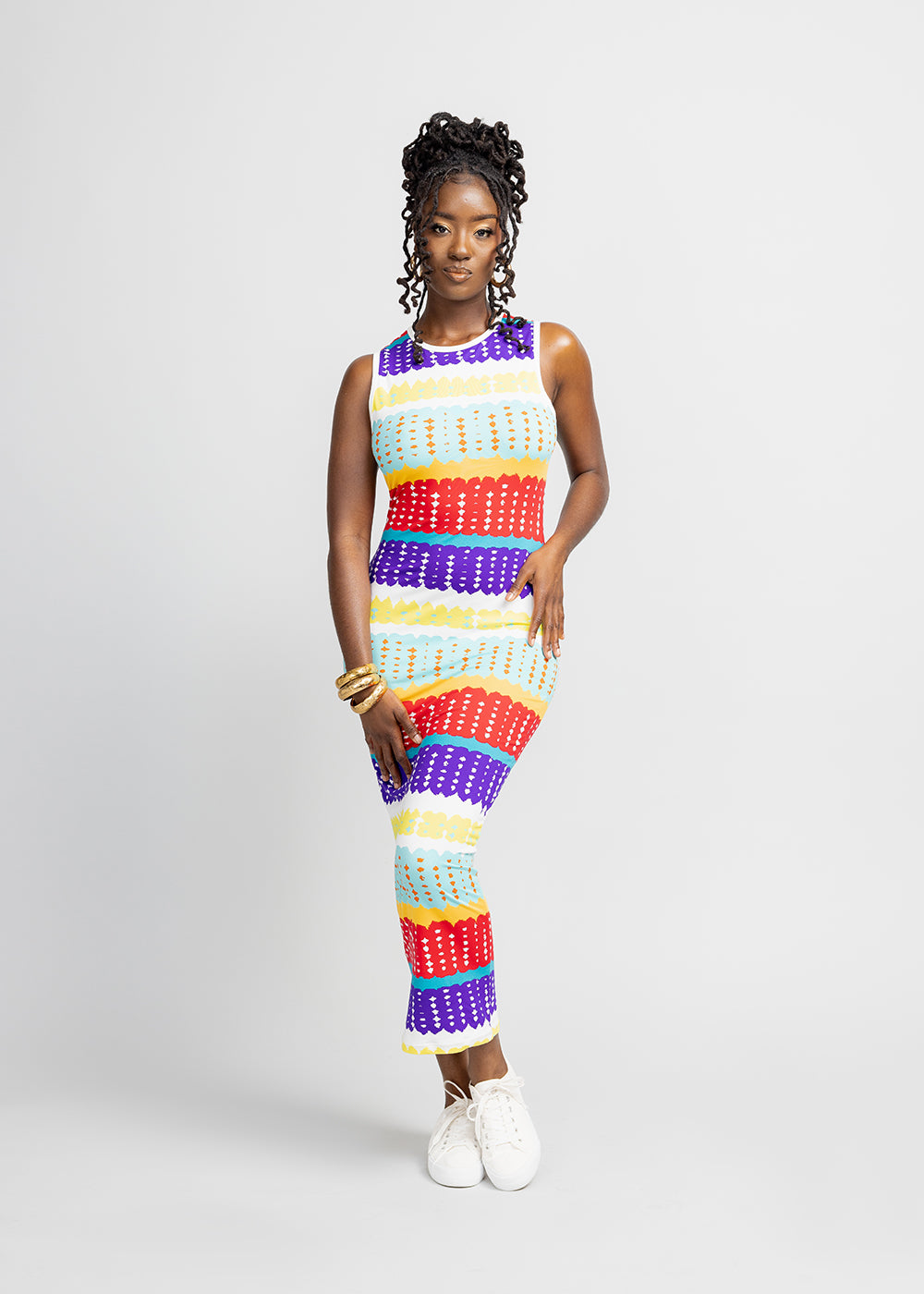 Hadi Women's African Print Jersey Dress (Rainbow Punch Adire) - Clearance Multicolor - D'IYANU