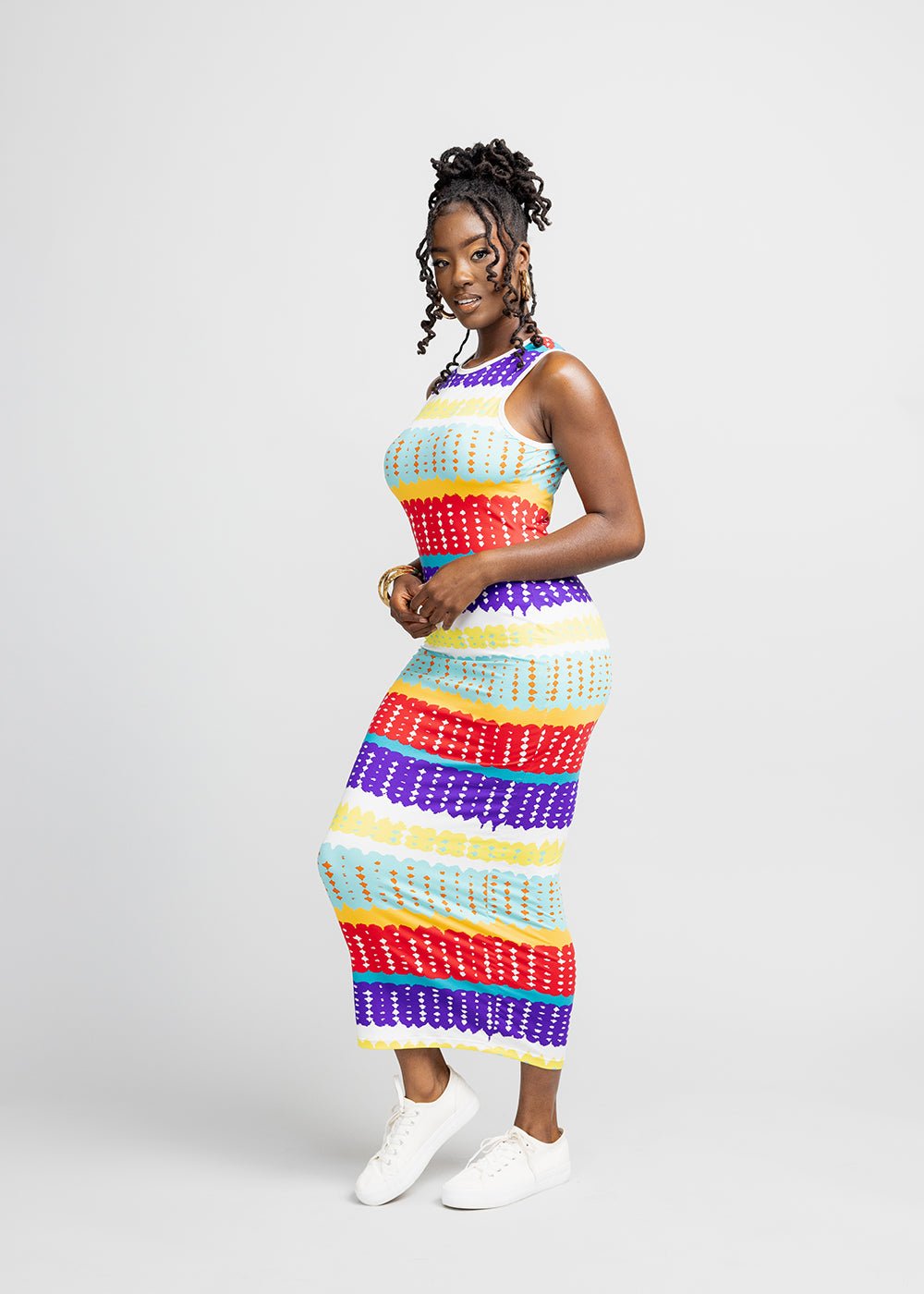 Hadi Women's African Print Jersey Dress (Rainbow Punch Adire) - Clearance - D'IYANU