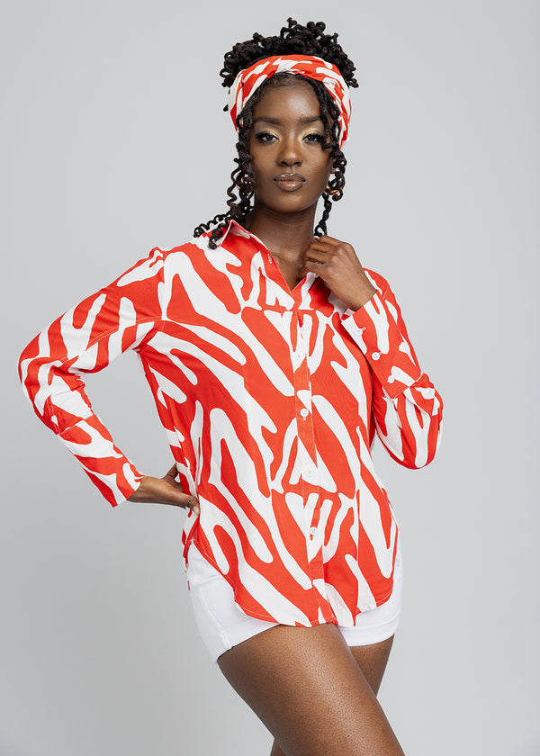Kwamena Women's African Print Button-Up (Deep Orange Zebra Abstract)