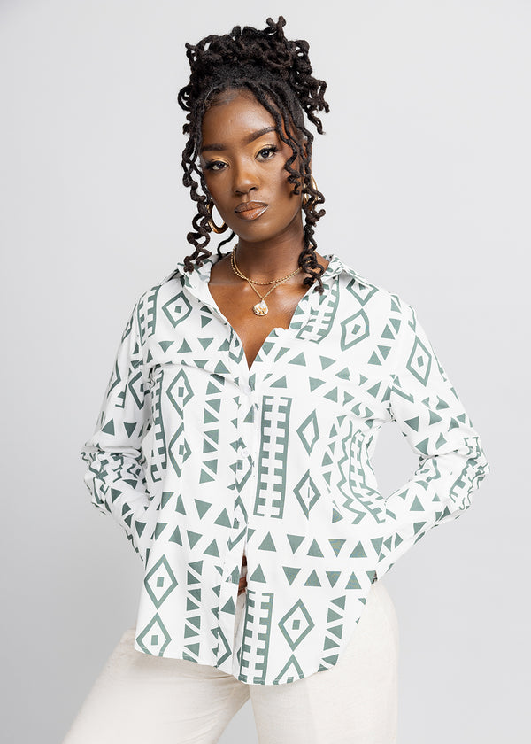 Kwamena Women's African Print Button-Up Shirt (White Olive Tribal)