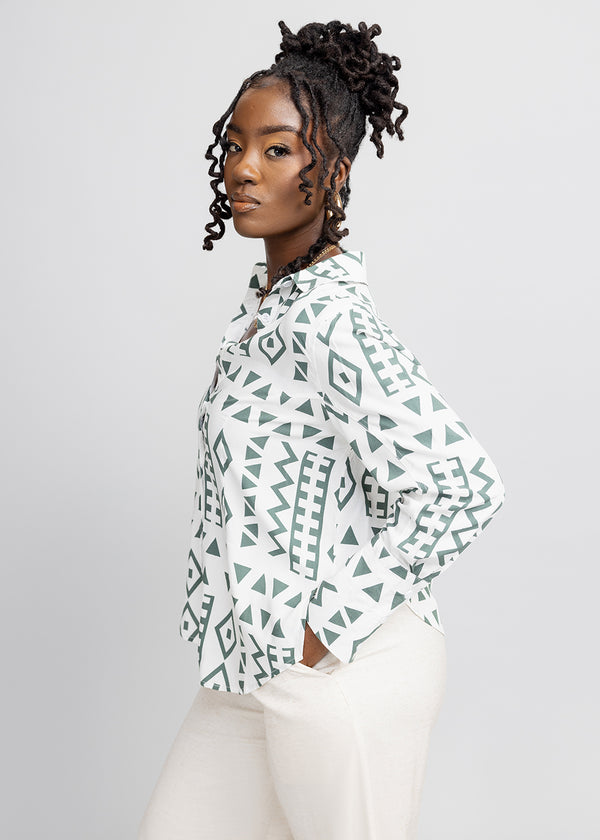 Kwamena Women's African Print Button-Up Shirt (White Olive Tribal)
