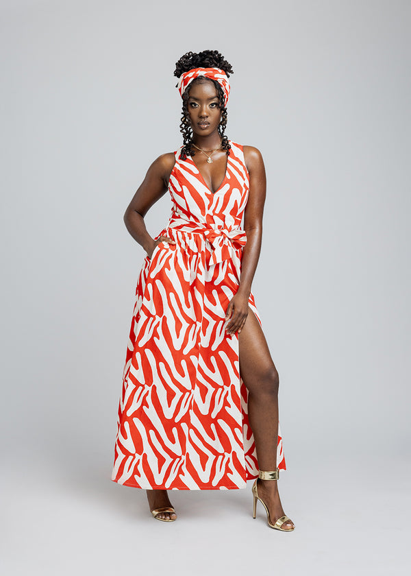 Tinashe Women's African Print Maxi Dress (Orange Zebra Abstract)