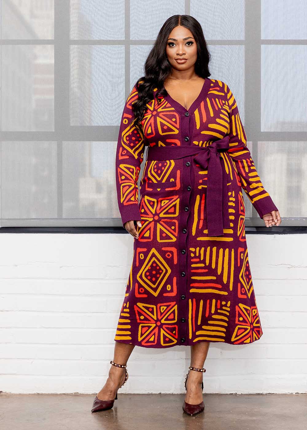 Aisha Women's African Print Cardigan (Plum Gold Tribal) Purple XL - D'IYANU