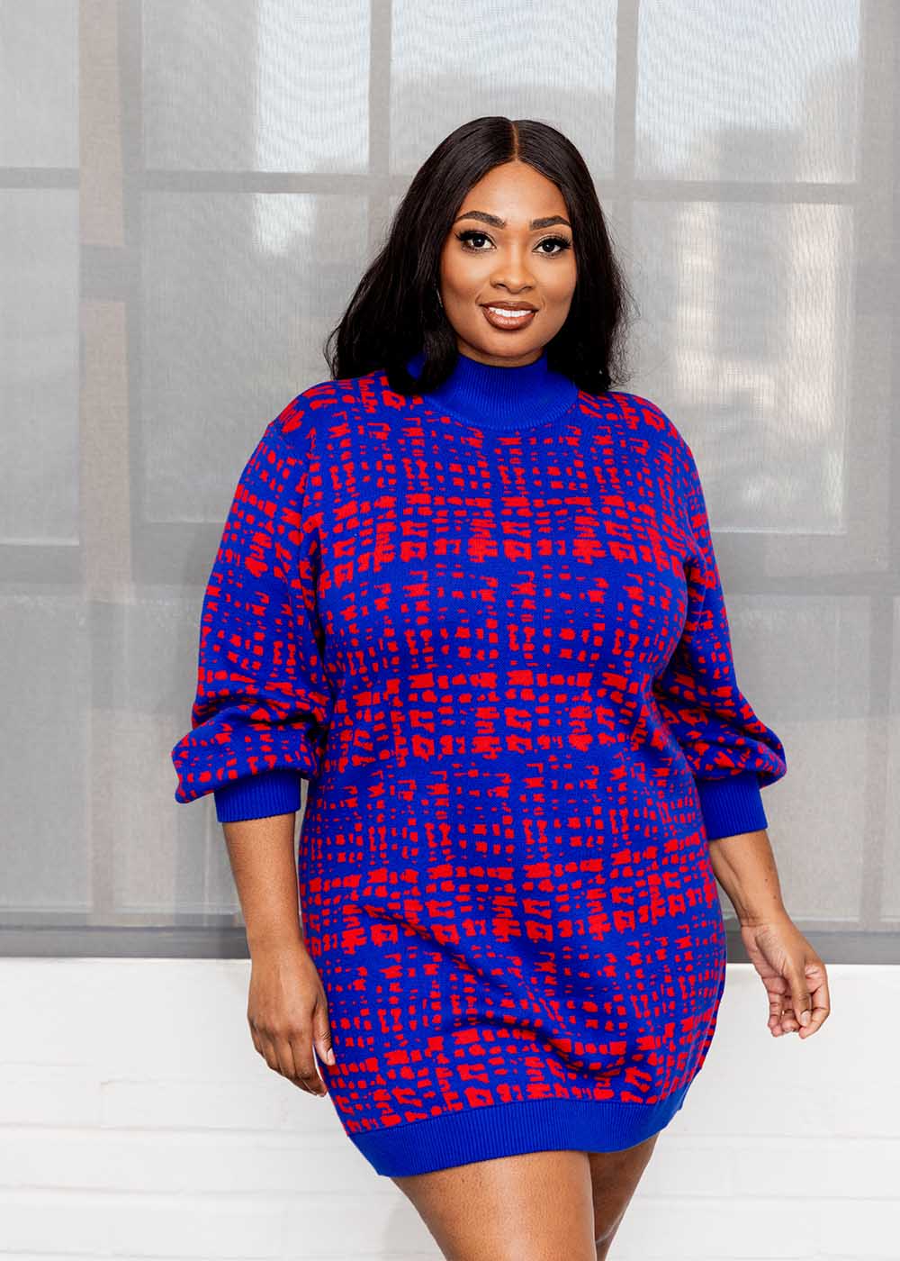 Keziah Women's African Print Sweater Dress (Red Blue Adire) - Clearance - D'IYANU