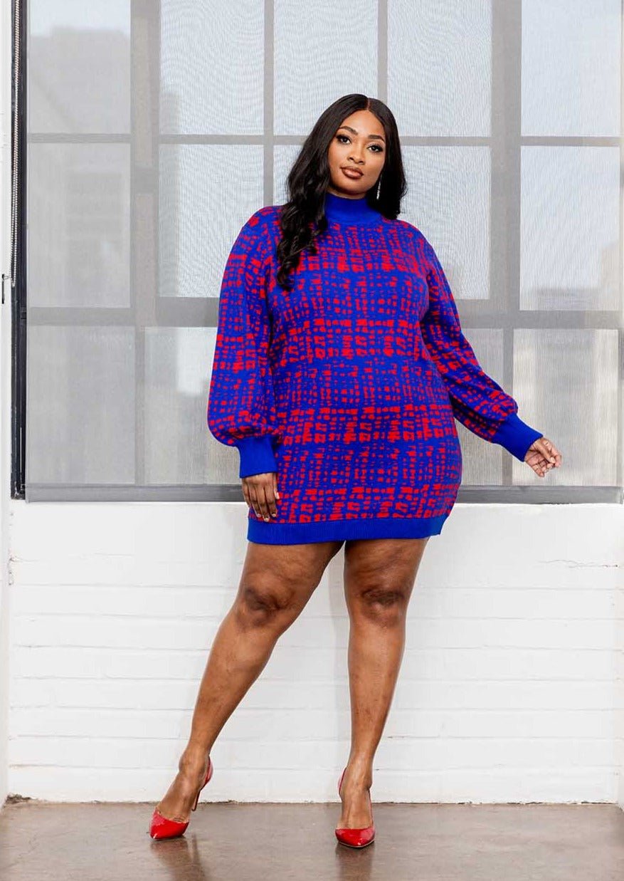 Keziah Women's African Print Sweater Dress (Red Blue Adire) - Clearance Red - D'IYANU