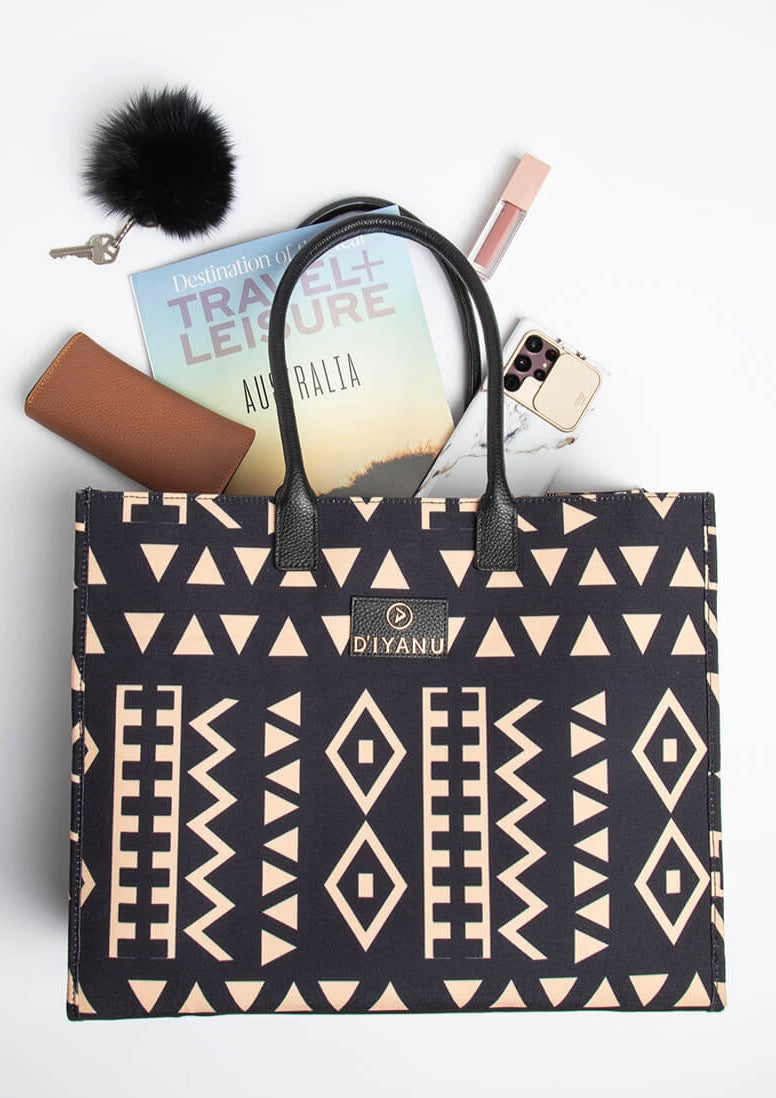 Nabile Women's African Print Tote Bag (Tan Black Tribal)
