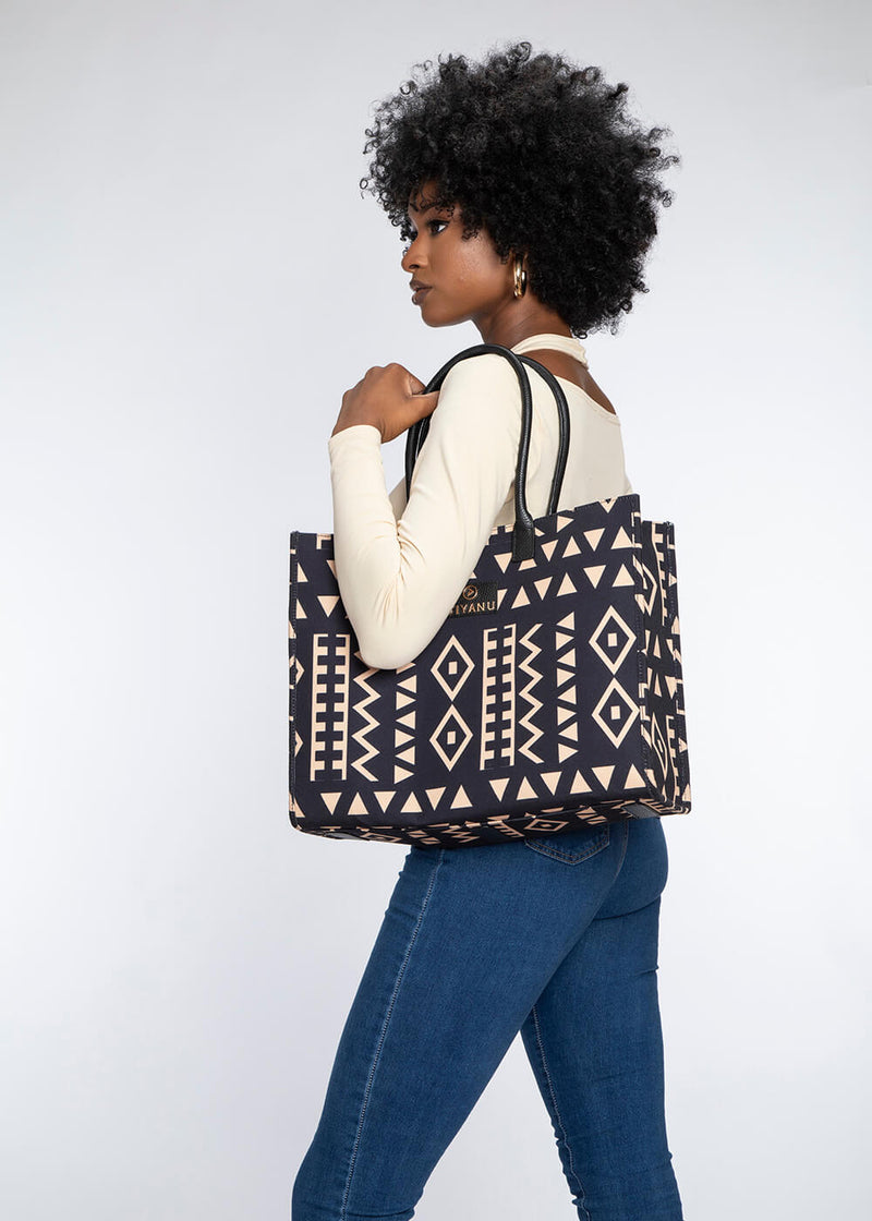 Nabile Women's African Print Tote Bag (Tan Black Tribal)