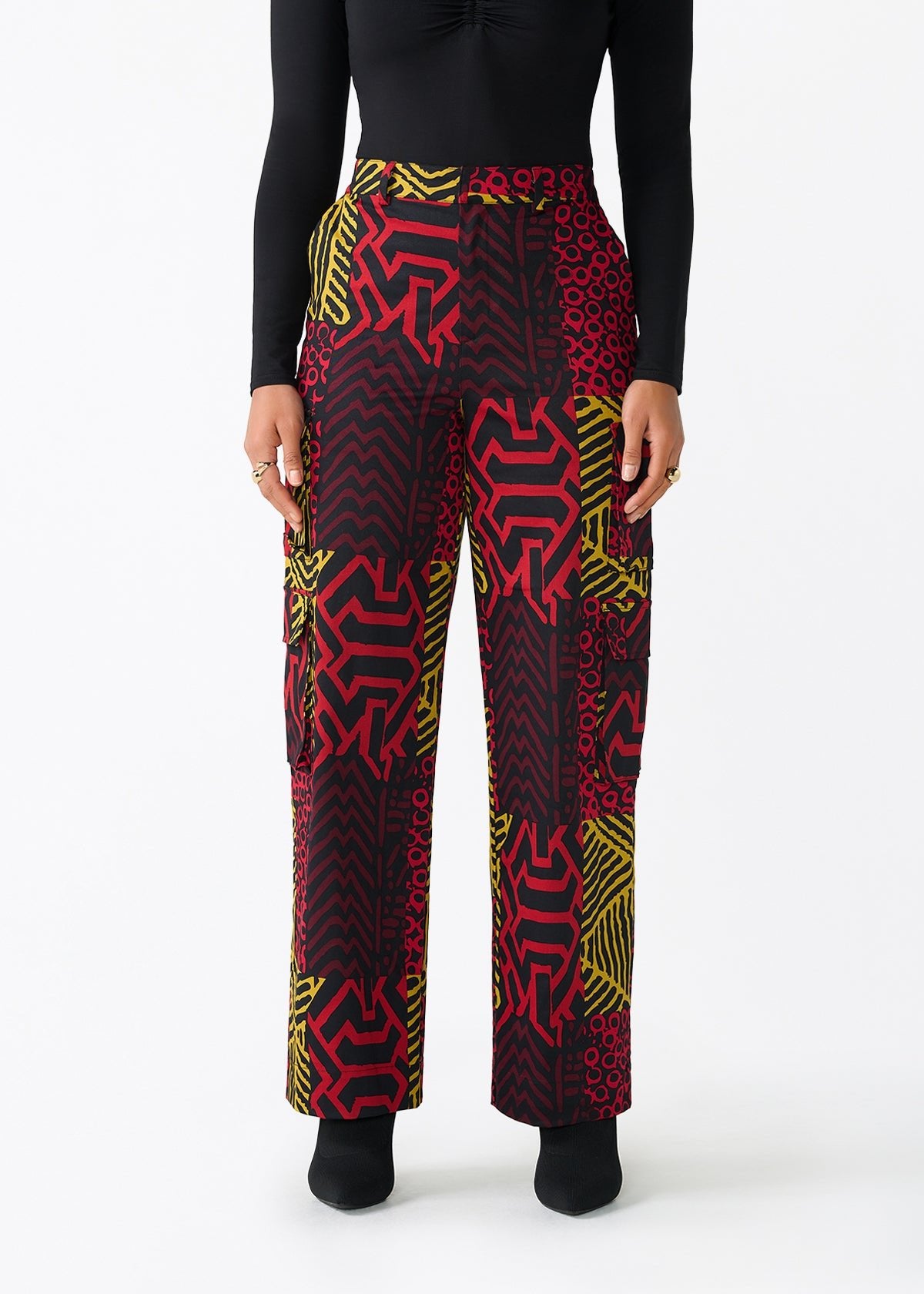 Yunma Women's African Print Twill Cargo Pants (Black Cherry Multipattern) - D'IYANU