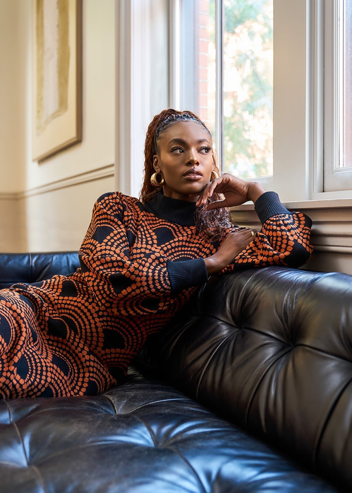 Zania Women's African Print Sweater Dress (Black Amber Dots) - D'IYANU