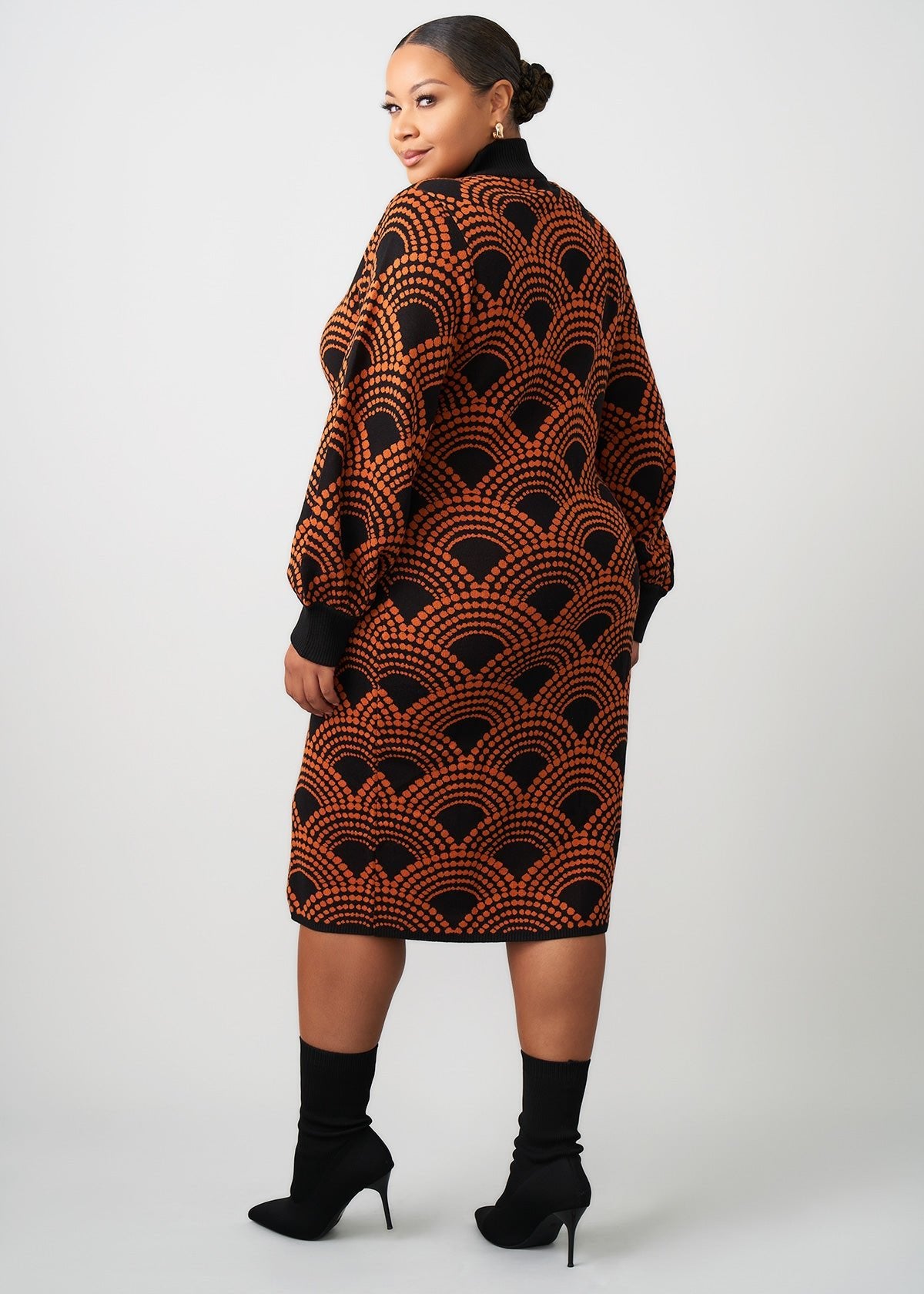 Zania Women's African Print Sweater Dress (Black Amber Dots) - D'IYANU