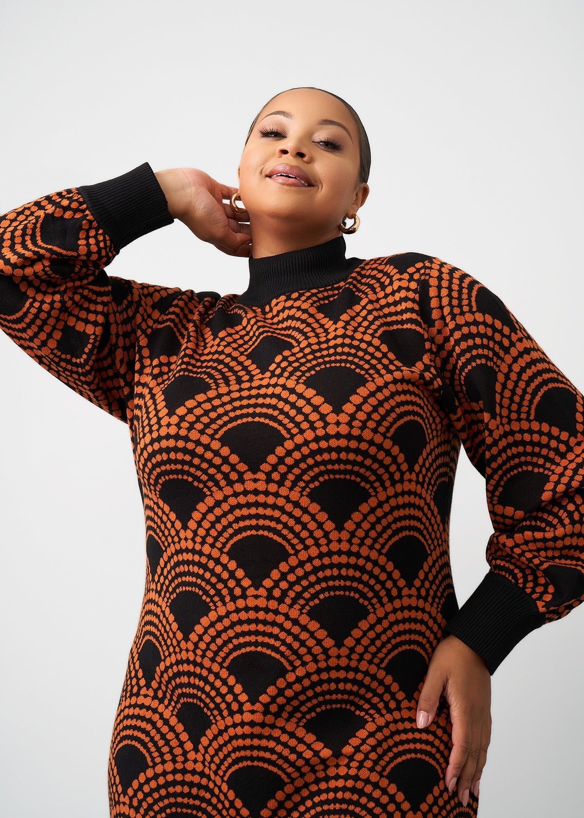 Zania Women's African Print Sweater Dress (Black Amber Dots) - D'IYANU
