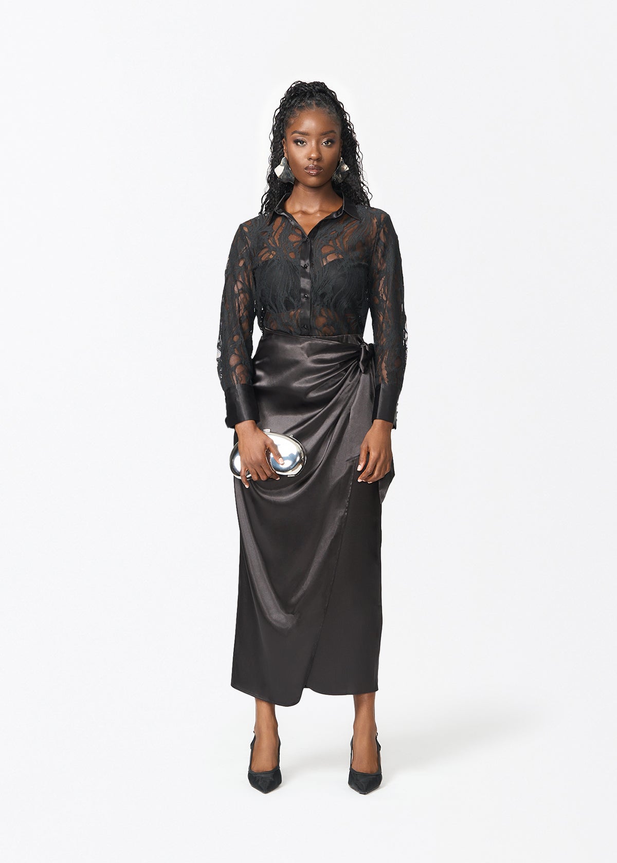 Zaya Women's Stretch Satin Faux Wrap Skirt (Black) - D'IYANU