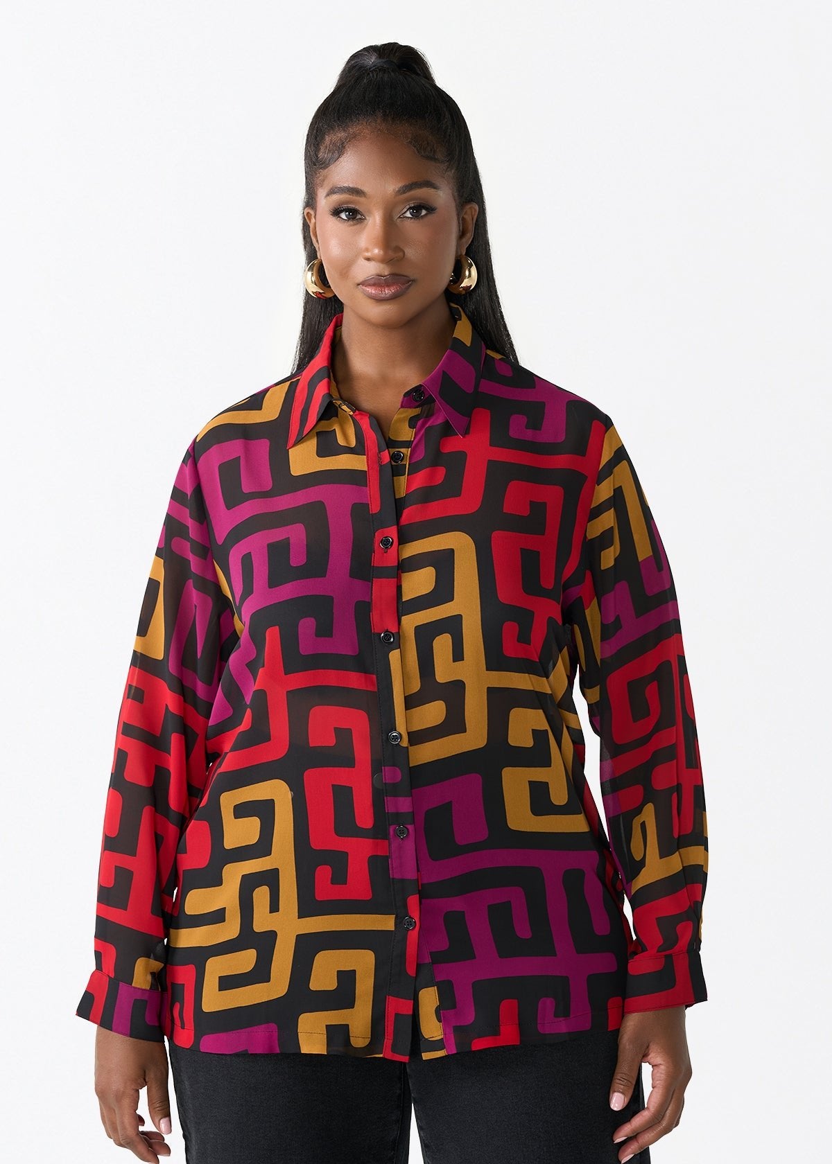 Zoela Women's African Print Sheer Chiffon Blouse (Black Berry Kuba) - D'IYANU