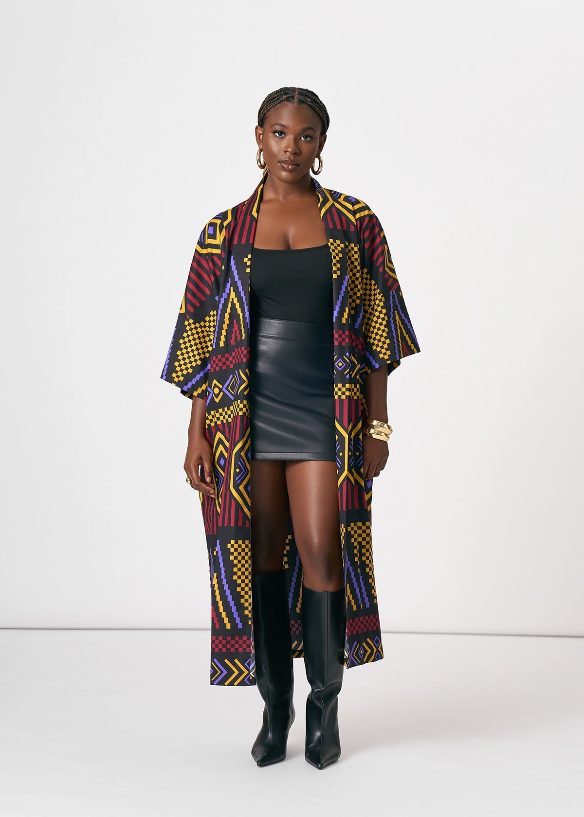 Amina Women's African Print Kimono (Black Burgundy Tribal) - D'IYANU
