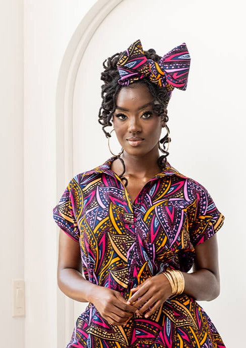 Tahiya Women's African Print Button-Down Shirt (Sunset Leaves)