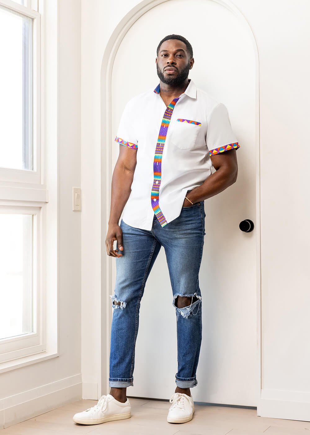 Kanai Men's African Print Color-Blocked Button-Up Shirt (White/Rainbow Kente)-Clearance - D'IYANU