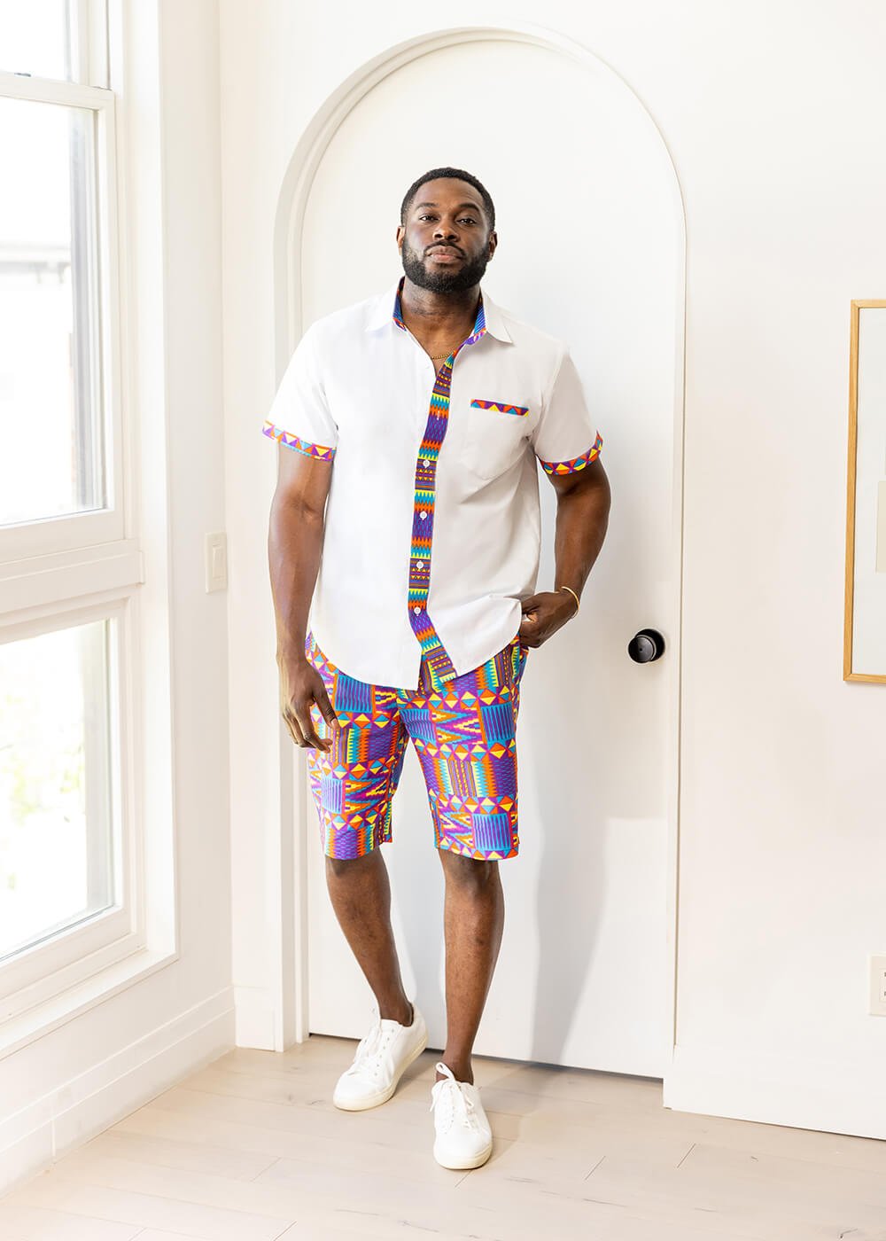Kanai Men's African Print Color-Blocked Button-Up Shirt (White/Rainbow Kente)-Clearance - D'IYANU
