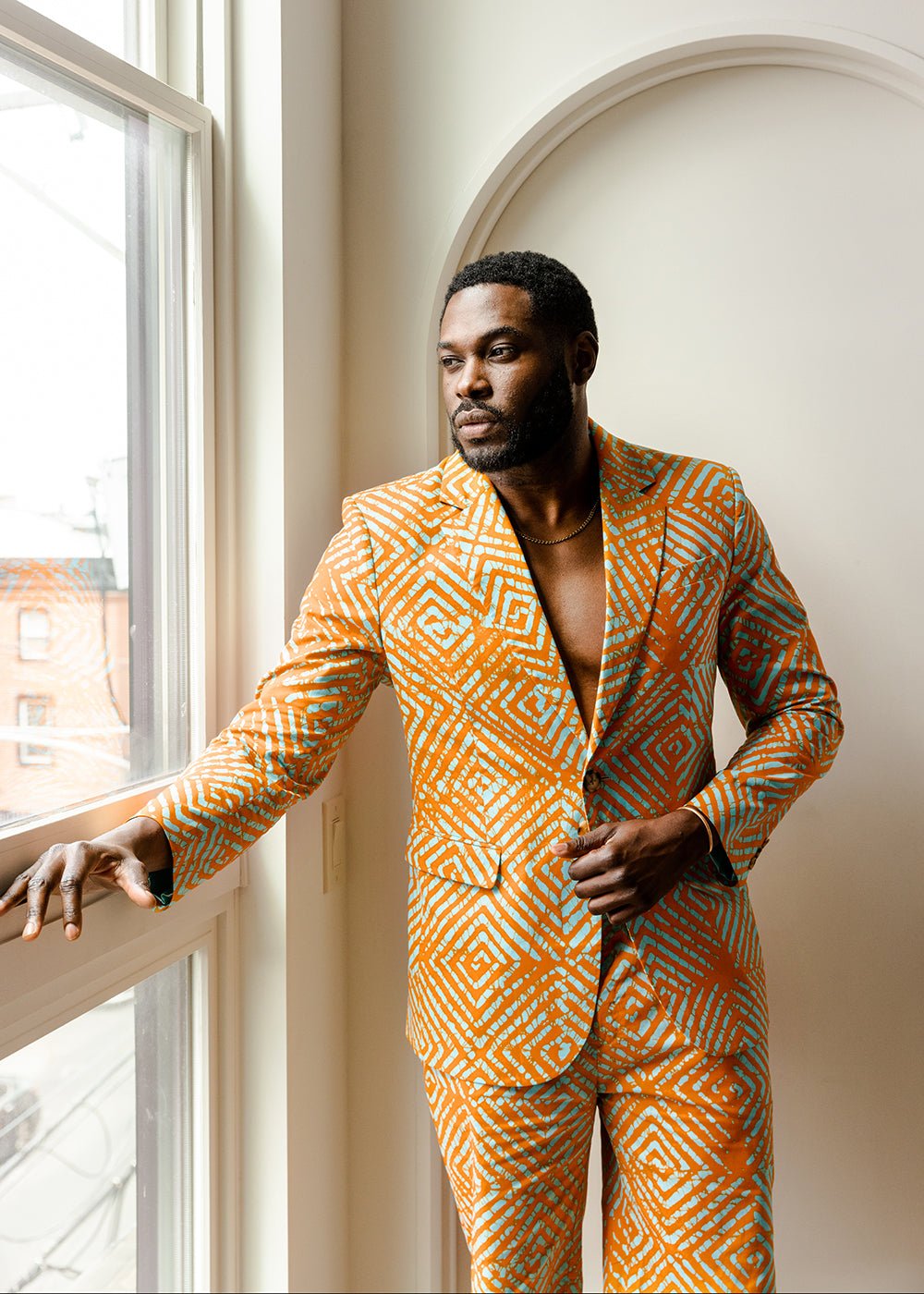 Hami Men's African Print Lightweight Blazer (Orange Blue Adire) - D'IYANU