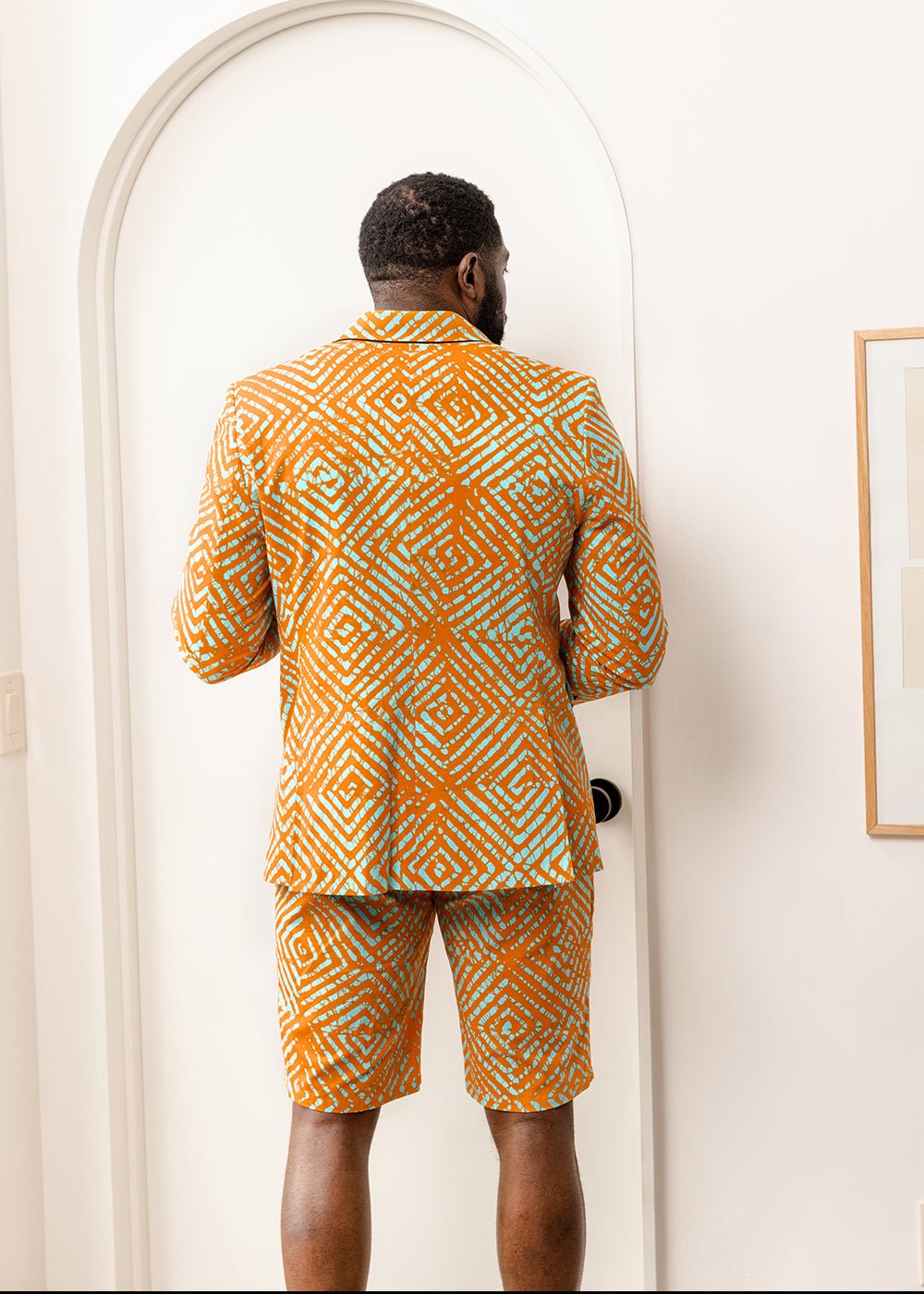 Hami Men's African Print Lightweight Blazer (Orange Blue Adire) - D'IYANU