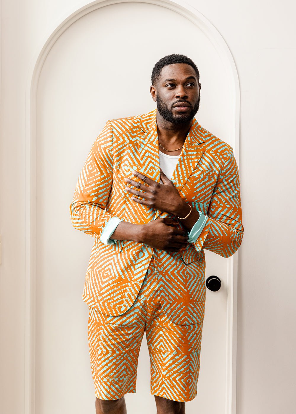 Hami Men's African Print Lightweight Blazer (Orange Blue Adire) Orange - D'IYANU
