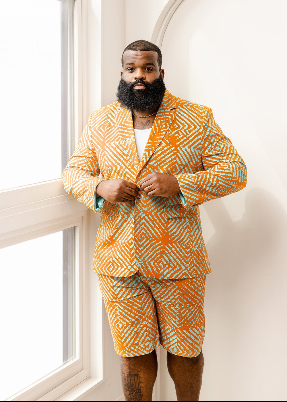 Hami Men's African Print Lightweight Blazer (Orange Blue Adire) - D'IYANU