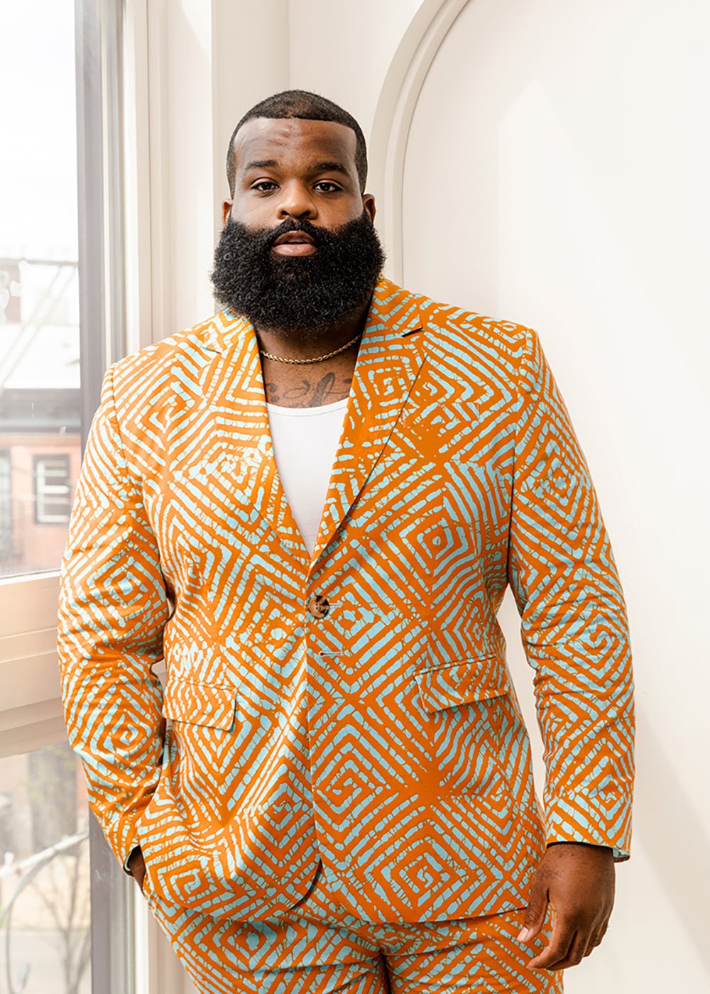 Hami Men's African Print Lightweight Blazer (Orange Blue Adire) Orange - D'IYANU