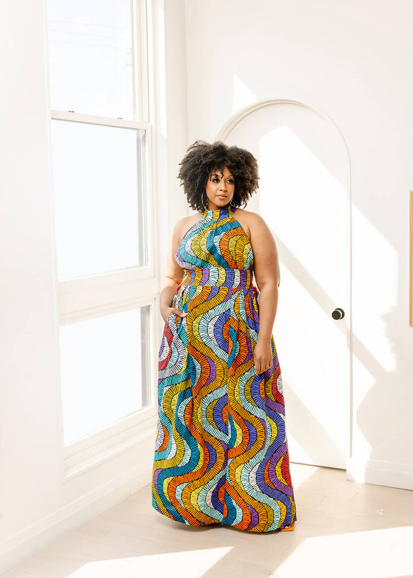 Ronke Women's African Print Maxi Dress (Abstract Lines)