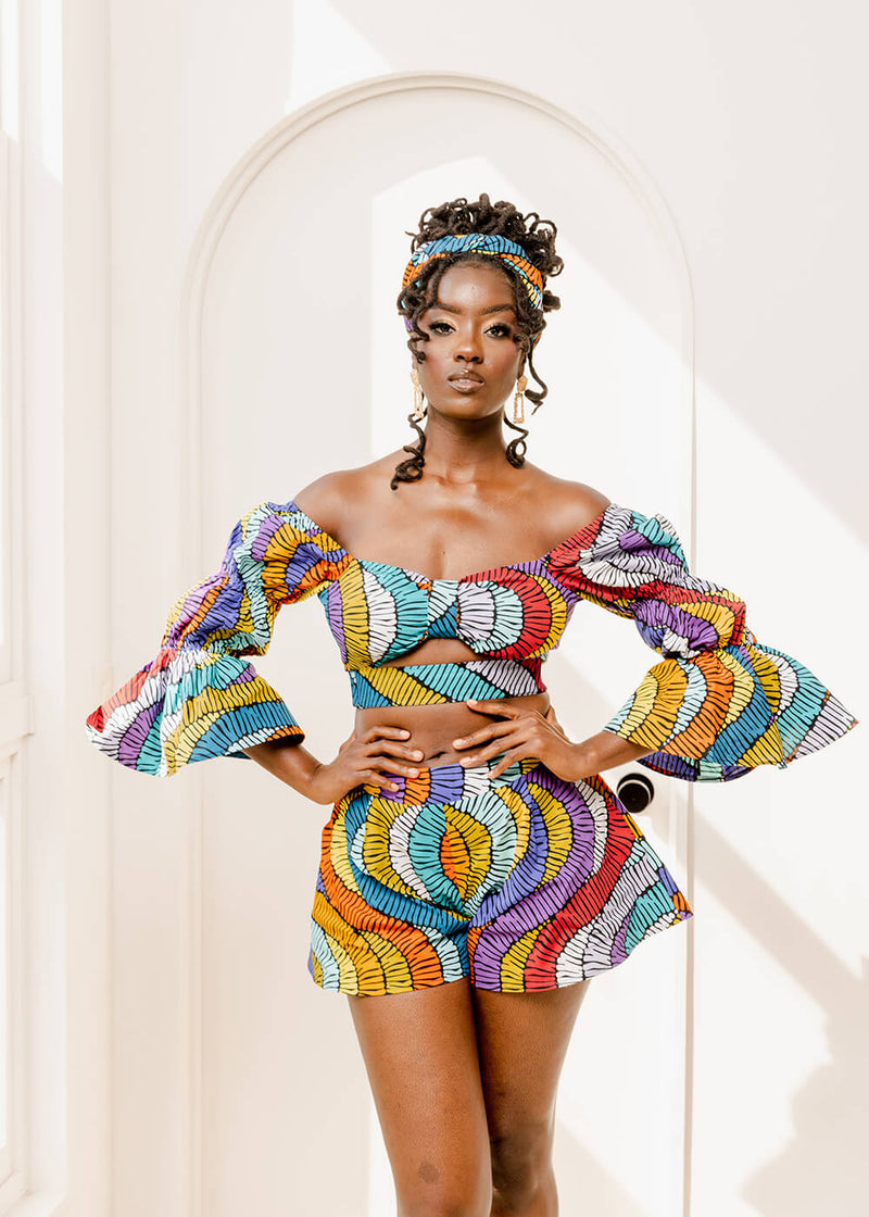 Nafasi Women's African Print Wide Leg Shorts (Abstract Lines)